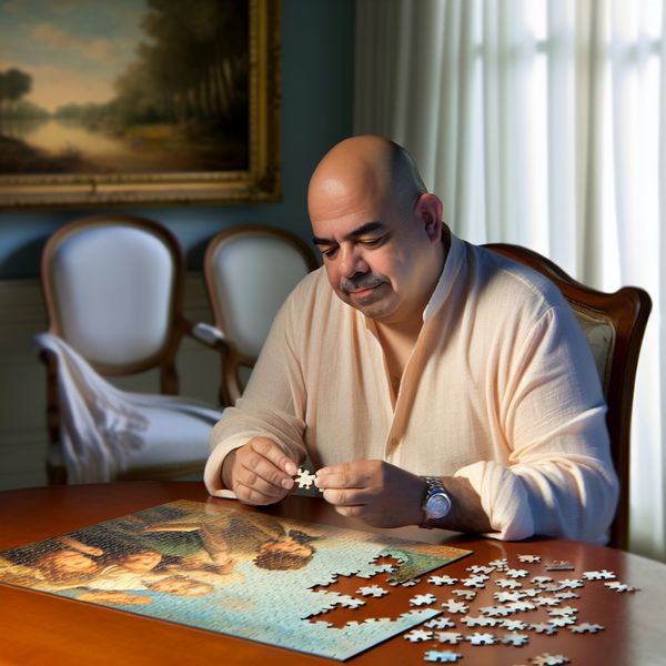 Een persoon die geconcentreerd een puzzel oplost aan een houten tafel, met puzzelstukken verspreid om hem heen.