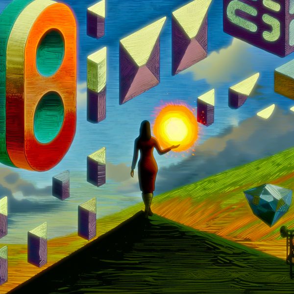 Een persoon aan de rand van een levendig, retro-futuristisch landschap, kijkt terug naar abstracte vormen die oude ideeën symboliseren terwijl ze een stralende bol met nieuwe mogelijkheden vasthoudt.