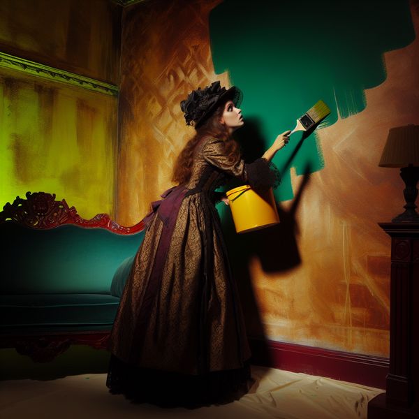 Schilderen van een woonkamer muur met een grote borstel Een persoon schildert een woonkamer muur met een grote borstel in een dramatische gothic setting.