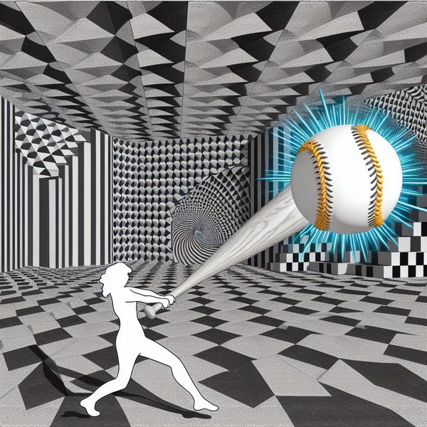 Surrealistische afbeelding van een persoon met bat in geometrisch landschap Een persoon slaat een bal met een bat in een surrealistisch geometrisch landschap, geïnspireerd door M.C. Escher, met complexe patronen en onmogelijke constructies.