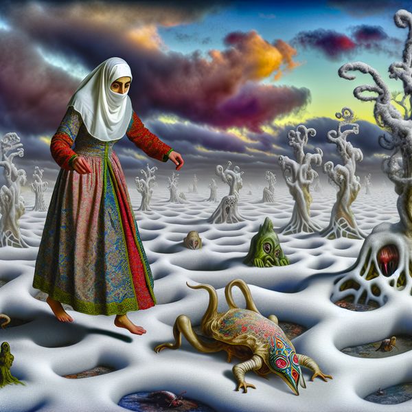 Surrealistische Sneeuwscene met Stappende Persoon Een persoon stapt voorzichtig op een uitgestrekt, besneeuwd oppervlak, omringd door surrealistische elementen in de stijl van Hieronymus Bosch.