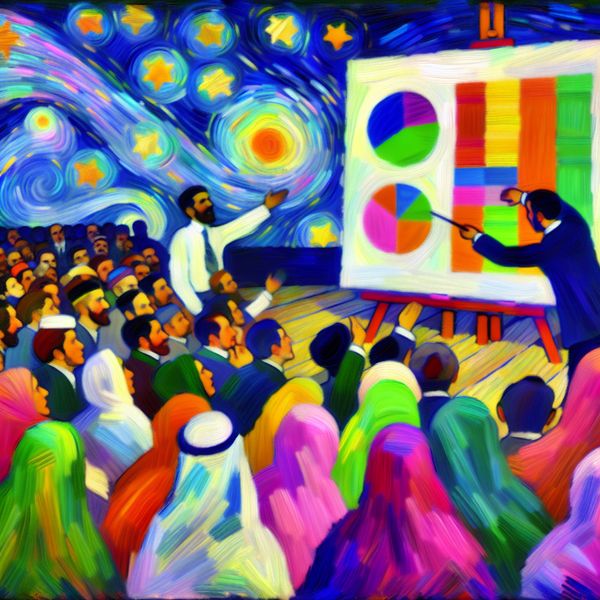 Persoon trekt aandacht voor kleurrijke grafieken in Van Gogh-stijl Een persoon staat voor een publiek en wijst enthousiast naar een groot canvas met kleurrijke grafieken en diagrammen, omgeven door een sterrenhemel in de stijl van Van Gogh.