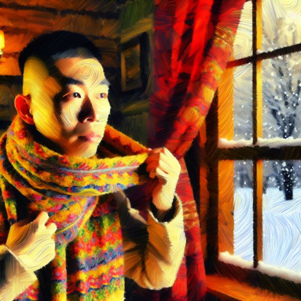 Persoon trekt kleurrijke sjaal aan in winterkamer Een persoon in een winterkamer trekt haastig een kleurrijke sjaal aan terwijl sneeuwvlokken buiten vallen.