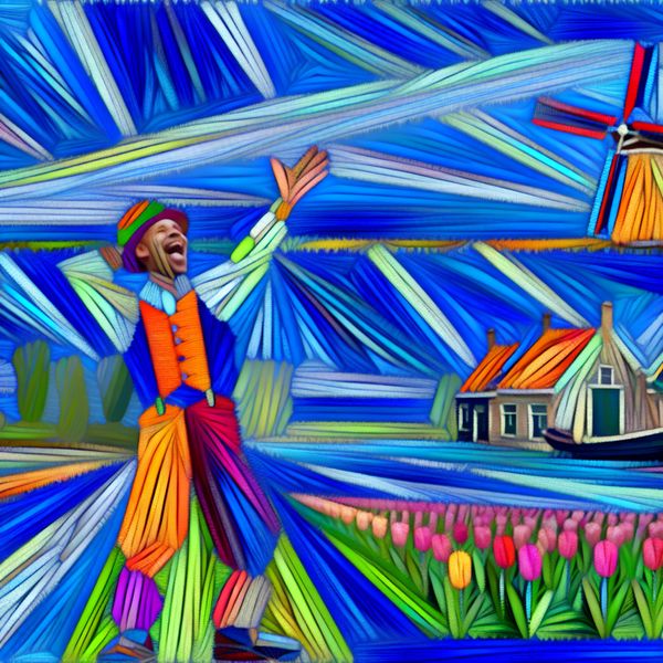 Een abstracte afbeelding van een persoon die uitlegt over hun verlangen naar een vakantie in Nederland, omringd door een kleurrijk landschap met tulpenvelden en windmolens.