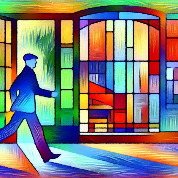 Retro-futuristische illustratie van een persoon die naar een venster stappen Een kleurrijke illustratie van een persoon die naar een groot venster loopt, in een retro-futuristische stijl.