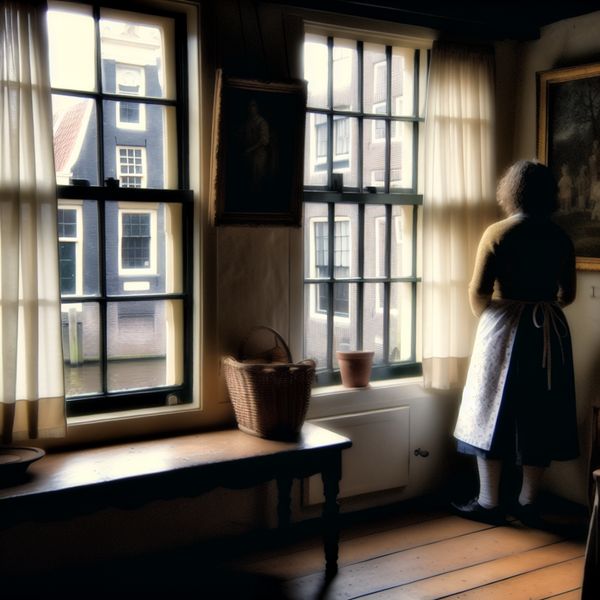 Persoon in Amsterdams Grachtenpand in Vermeer-Stijl Persoon bij een raam in een Amsterdams grachtenpand in Vermeer-stijl