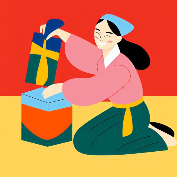 Personage verpakt een cadeau in kleurig papier Minimalistische illustratie van een persoon die een kleurrijk cadeau inpak met vrolijk inpakpapier.