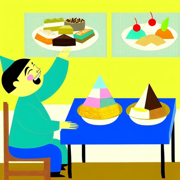Persoon die voorkeur toont voor zoetigheden aan tafel Een persoon met een blije uitdrukking zit aan een tafel met twee borden; één met kleurrijke zoetigheden en de ander met saaie hartige gerechten, terwijl ze naar het dessert reiken.