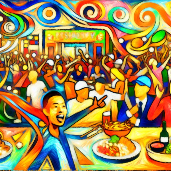 Levendige Restaurant Scène met Aanwijzing Abstracte afbeelding van een persoon die wijst naar een levendige restaurantscène vol kleurrijke figuren en gerechten.