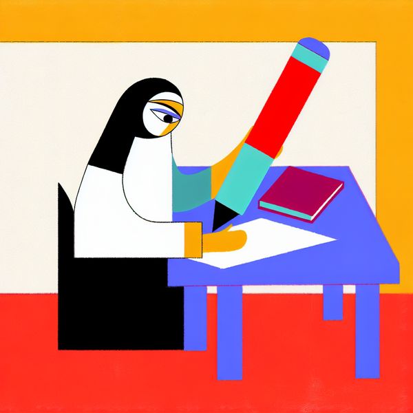 Minimalistische afbeelding van een persoon die schrijft met een kleurrijke pen Een persoon zit aan een bureau met een kleurrijke pen en schrijft in een notitieboek, in een minimalistische stijl.
