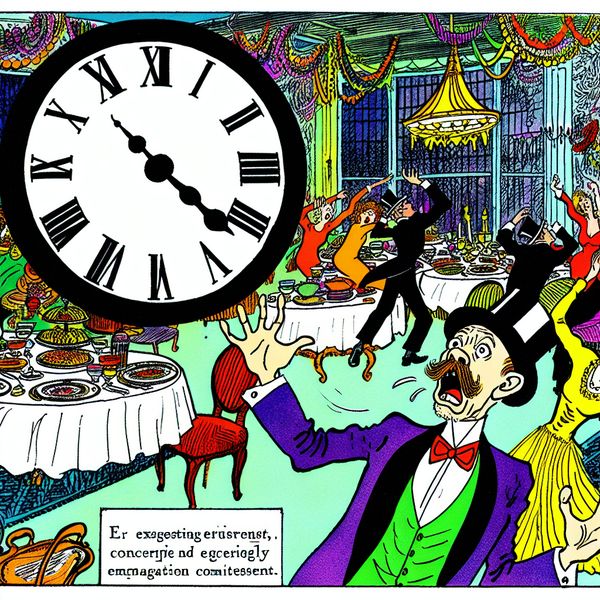 Cartoon van een persoon die zich zorgen maakt over de tijd voor een afspraak Een cartoon van een persoon met een bezorgde uitdrukking die naar een grote klok kijkt die een hele late tijd aangeeft, met een feestje op de achtergrond.