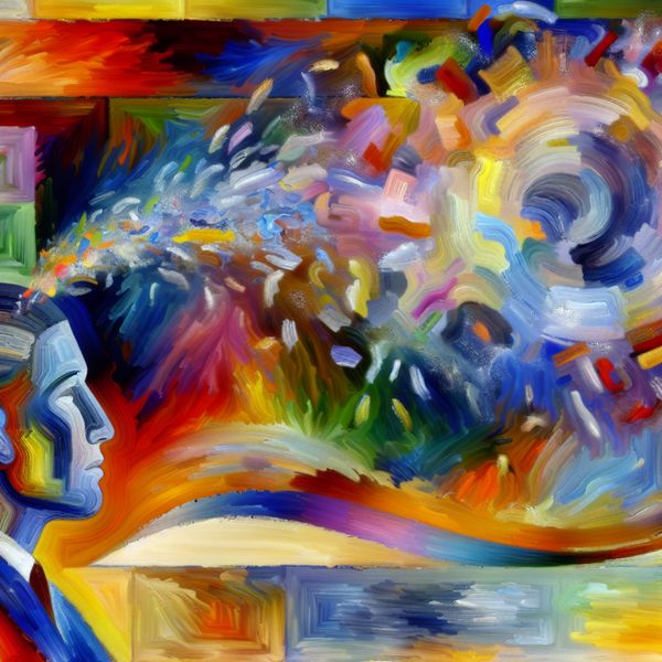 Abstracte Weergave van Nadenken en Creativiteit Abstracte afbeelding van een persoon die nadenkt, omringd door een turbulente mix van kleuren en vormen die ideeën en dromen uitbeelden.