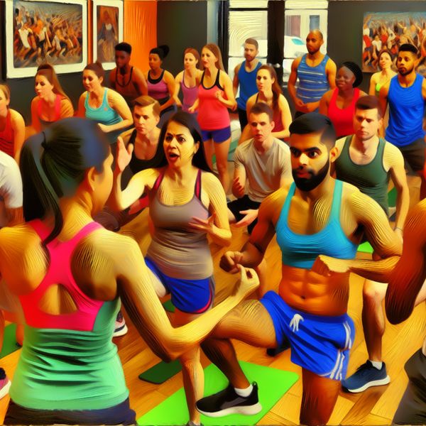Een actieve fitnessles met een persoonlijke trainer die een oefening demonstreert aan een groep gemotiveerde deelnemers
