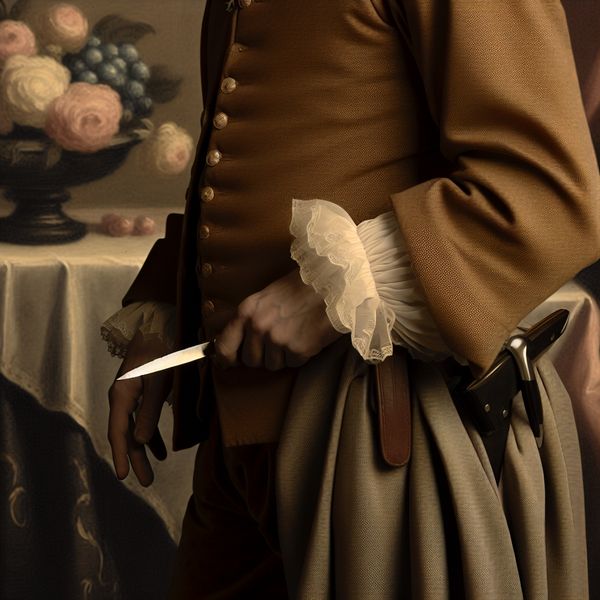 Elegante historische scène met mes als wapen Personage in historische kleding past een mes aan bij zijn riem in een sfeervol interieur.