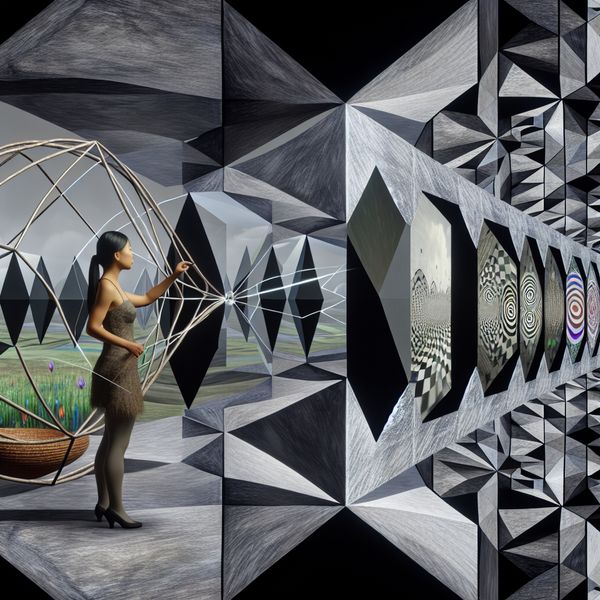 Persoon in geometrisch landschap met prisma dat verschillende perspectieven en optische illusies toont