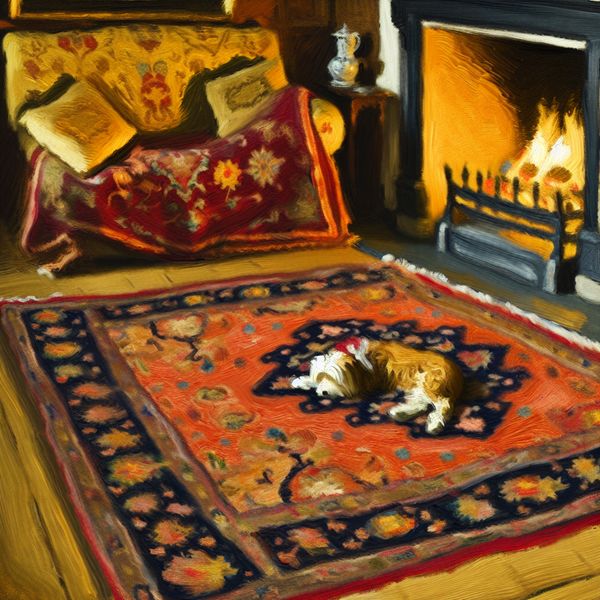 Perzisch vloerkleed in woonkamer met hond bij open haard - schilderij stijl Frans Hals Gezellige woonkamer met een groot Perzisch vloerkleed waarop een slapende hond bij de open haard ligt, geschilderd in de stijl van Frans Hals