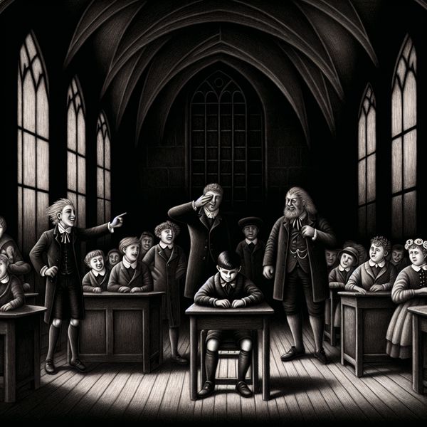 Een geïllustreerde scène van een jongen die door zijn klasgenoten wordt gepest in een schemerige klaslokaal.