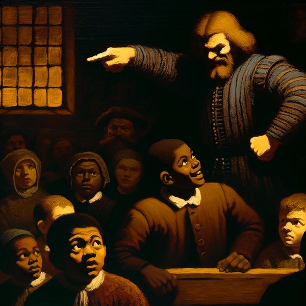 Pesten op school in klassieke schilderkunst - emotionele voorstelling van intimidatie en angst Dramatische klassikale scène in Rembrandt-stijl: een grote pestkop staat dreigend over een kleiner, angstig kind terwijl andere leerlingen toekijken