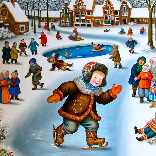 Peuter leert lopen in sneeuw: schuiver op ijzig plein Peuter in dikke winterkleding die voor het eerst leert lopen op ijzig plein, met uitgestrekte armen voor balans, in een levendige winterse dorpsscène in de stijl van Hendrick Avercamp