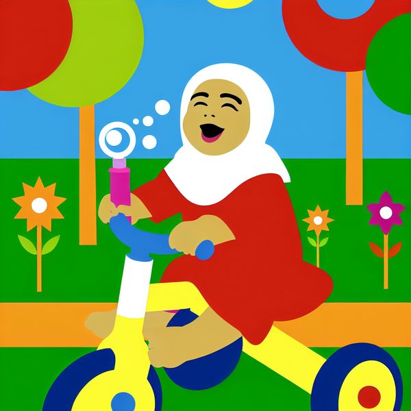 Een peuter zit trots op een kleurrijk fietsje met een bellenblazer, omringd door een zonnig park.