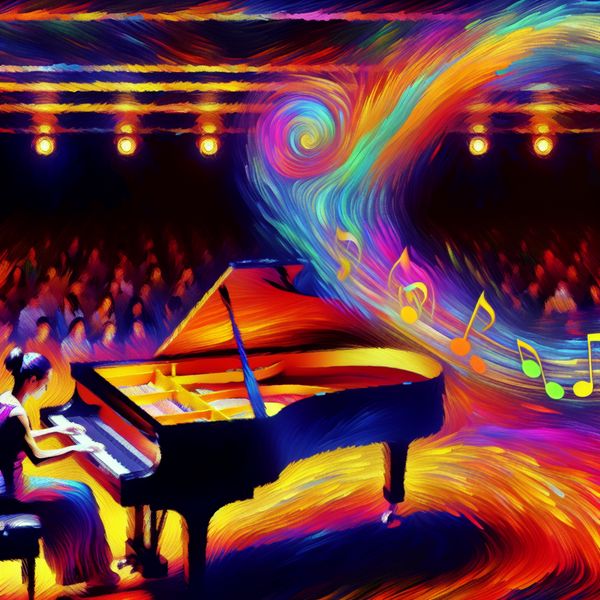Vibrante Pianist in Concertzaal: Muziek in Beweging Een pianist speelt op een vleugel in een concertzaal, met kleurrijke geluidsgolven in de lucht.