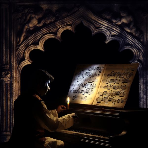 Gothische pianist leest geconcentreerd bladmuziek bij kaarslicht in een donkere, symbolische setting geïnspireerd op Félicien Rops