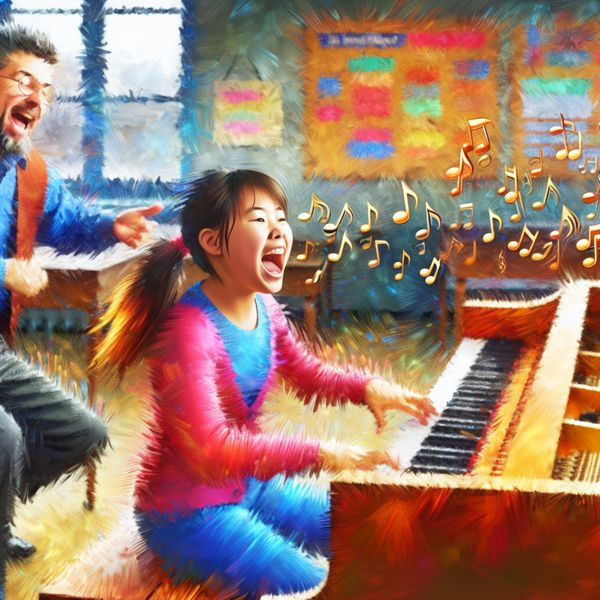 Jong meisje leert piano spelen in een levendige klas Een jonge meid die geconcentreerd piano leert spelen, omgeven door dansende noten en een enthousiaste leraar in een kleurrijke klas.
