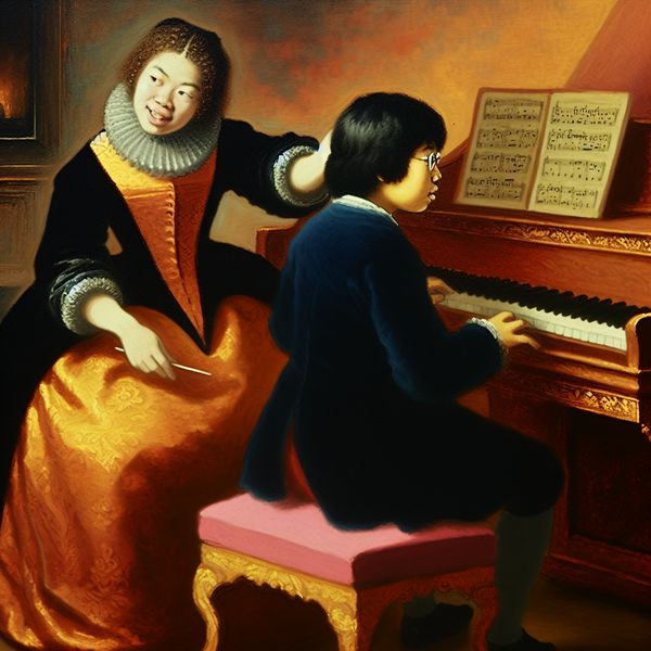 Pianoles met enthousiaste lerares en leerling - Nederlandse taal en muziek educatie Vrouwelijke pianolerares geeft les aan jonge leerling op een grote piano met bladmuziek, geschilderd in levendige stijl van Frans Hals