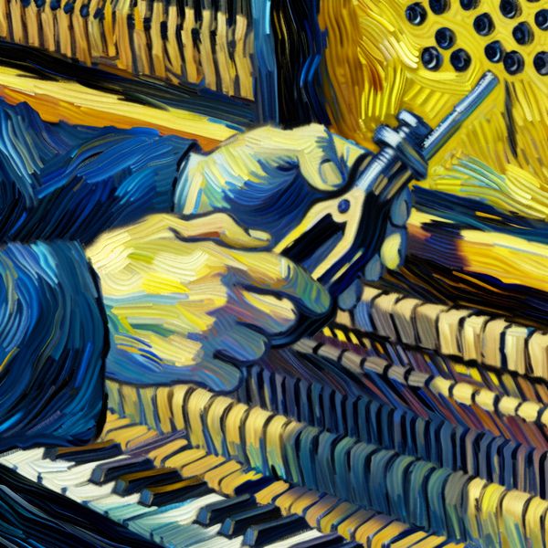Pianostemmen met stemhamer: precisie en spanning in Van Gogh-stijl Close-up van een pianostemmer die met een stemhamer de spanning van een pianosnaar bijstelt in Van Gogh-stijl