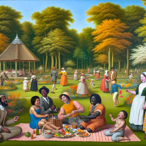 Vrolijke picknick in ontwerppark op zonnige dag Een diverse groep mensen geniet van een picknick op een geruit kleed in een zonnig park met een vintage gazebo en speeltuin.