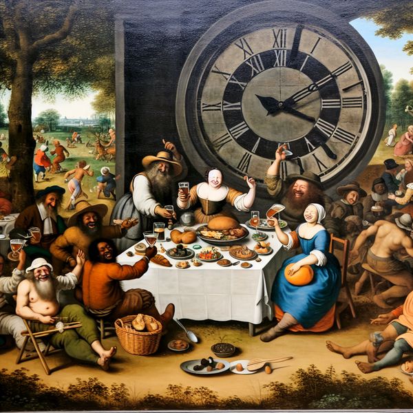 Vrolijke picknick met vrienden in de stijl van Jan Steen Een levendig en humoristisch tafereel met een groep vrolijke mensen die een picknick houden in een park, met eten en drinken om hen heen en een grote klok op de achtergrond vlak voor de lunch.