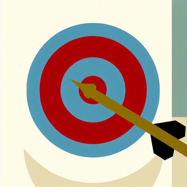 Pijl raakt doel - illustratie voor werkwoord 'treffen' leren Minimalistische illustratie van een pijl die precies het rode midden van een schietschijf treft, in de stijl van Dick Bruna