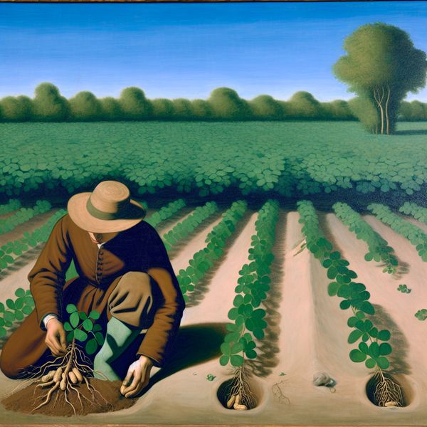 Een boer die op een zonnige dag pinda's uit de grond haalt op een pinda-boerderij, met op de achtergrond groene rijen pinda planten onder een blauwe lucht.