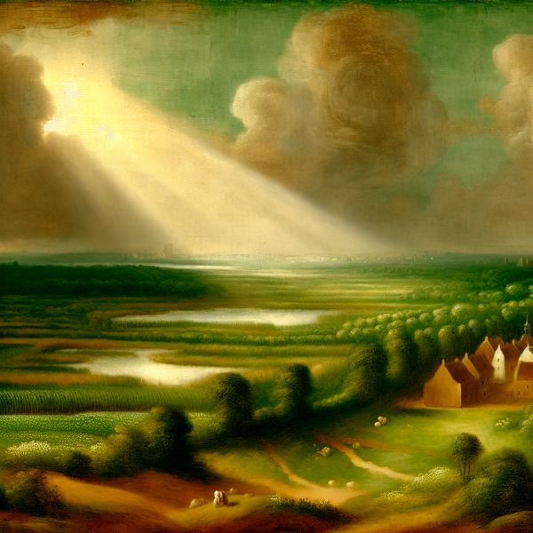 Een schilderachtige zonsondergang boven een vredig dorpje omgeven door weelderige groene velden en een kalm water. De lucht is dramatisch met zonnestralen die door de wolken breken.