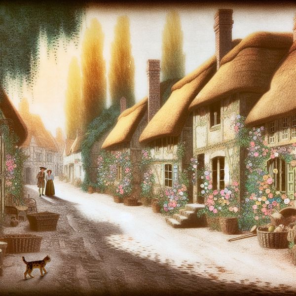 Pittoreske straat in een dorp met traditionele huizen Een stille straat in een pittoresk dorp met traditionele huizen, een kat in de zon en wandelaars.