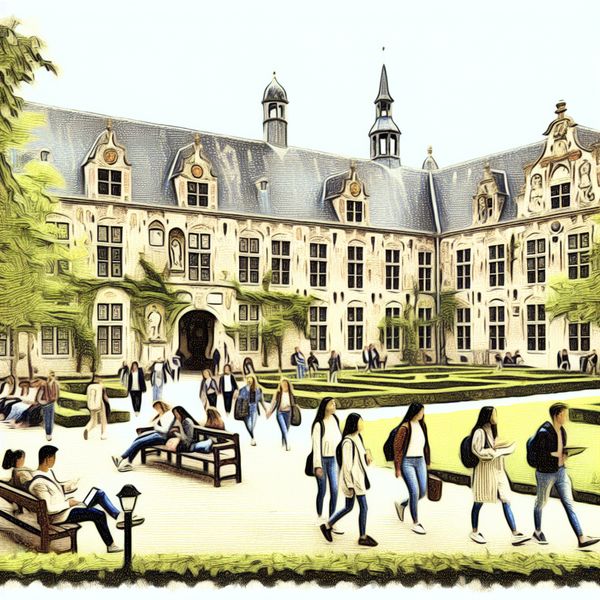 Een pittoreske universitaire campus met mooie architectuur en studenten die onderweg zijn.
