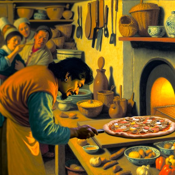 Pizza Bereiden in een Drukke Keuken Een levendige keuken met een kok die een pizza bereidt vlak voor het in de oven gaat voor een krokante korst, omringd door kleurrijke ingrediënten.