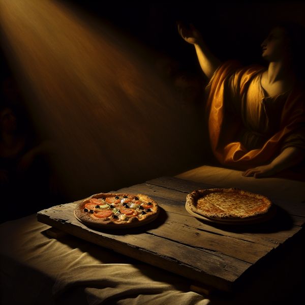 Pizza als metafoor voor prestaties vergelijken en overtreffen Twee pizzas op een houten tafel, een op een voetstuk verlicht en de ander in schaduw, symboliserend het overtreffen van prestaties in de stijl van Rembrandt