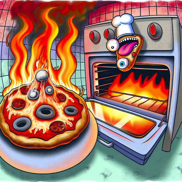 Een cartoon van een pizza die in een kleurrijke oven brandt met een verdrietig gezicht, omringd door vlammen en stoom.