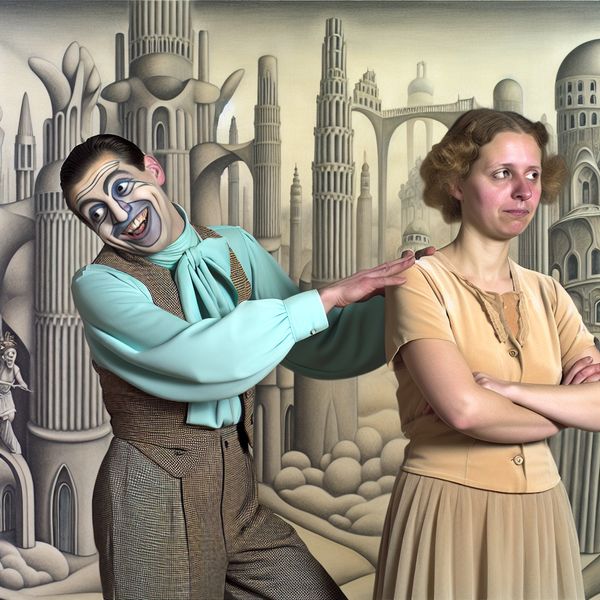 Plagerij tussen vrienden in surrealistische stijl - Nederlandse omgangstaal leren Twee vrienden in een surrealistische stedelijke setting, waarbij de een de ander plagerig 'liefje' noemt en op de schouder tikt, terwijl de ander lachend met de ogen rolt