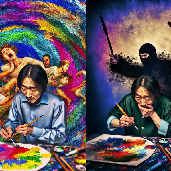 Plagiaat in Kunst: Origineel versus Nagebootst Een illustratie die plagiaat toont met een kunstenaar die een origineel kunstwerk maakt en een schimmige figuur die het nabootst.