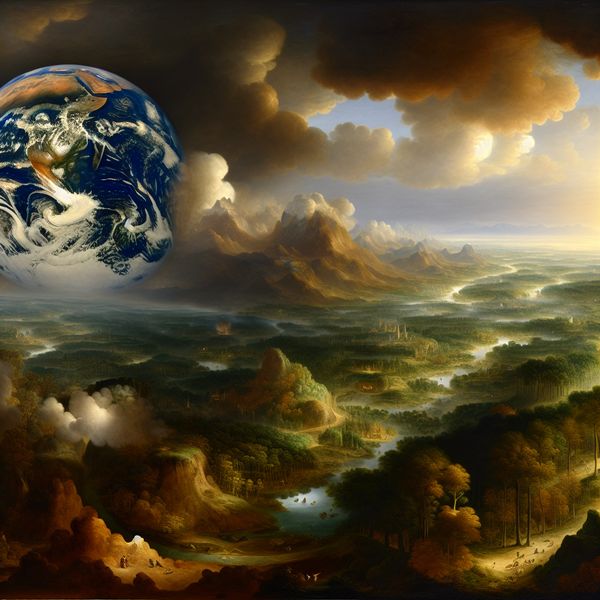 De aarde als levende planeet: wereldwijd landschap met natuur en bewoners Gedetailleerde landschapsschildering van de aarde als een levende planeet met bossen, bergen, steden en rivieren onder een dramatische hemel, in de stijl van Jacob van Ruisdael