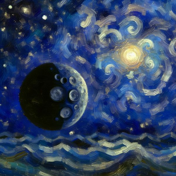 Planeet die om een ster draait - astronomie illustratie in Van Gogh-stijl Digitale schilderij in Van Gogh-stijl van een donkere planeet met kraters die om een heldere ster draait, met aarde op de achtergrond en kosmische nevels