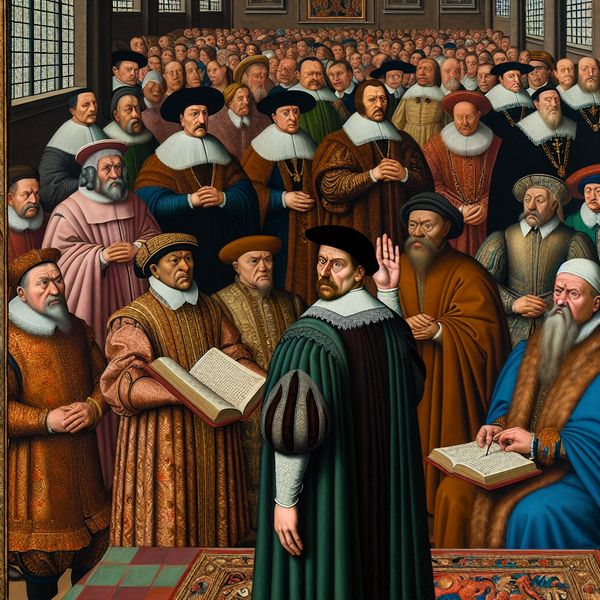 Plechtige belofte onder ede: historische eedaflegging in rechtszaal Plechtige eedaflegging in een historische rechtszaal in de stijl van Jan Steen, met een persoon die een hand op een boek legt en de andere omhoog houdt tijdens een formele ceremonie