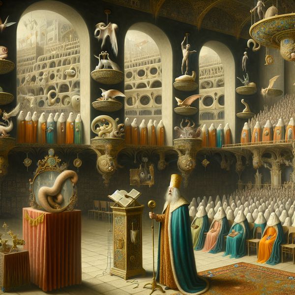 Surrealistisch schilderij in de stijl van Jheronimus Bosch van een plechtige ceremonie met een burgemeester die een toespraak houdt in een droomachtig ziekenhuis vol symboliek en hybride wezens