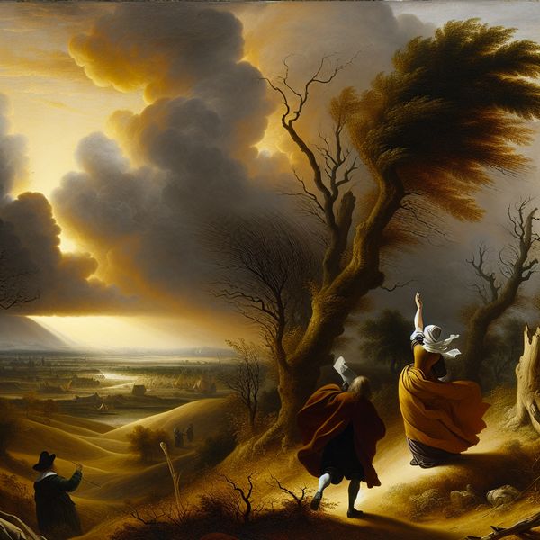Twee personen leggen een plechtige toezegging af op een heuvel in een 17e-eeuws Nederlands landschap met dramatische lucht en gouden licht
