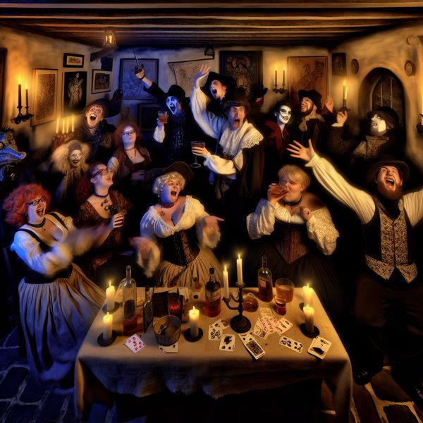 Groep vrienden in 19e-eeuwse gothic kleding die lachen en plezier maken in een sfeervolle, kaarsverlichte taverne in de stijl van Félicien Rops