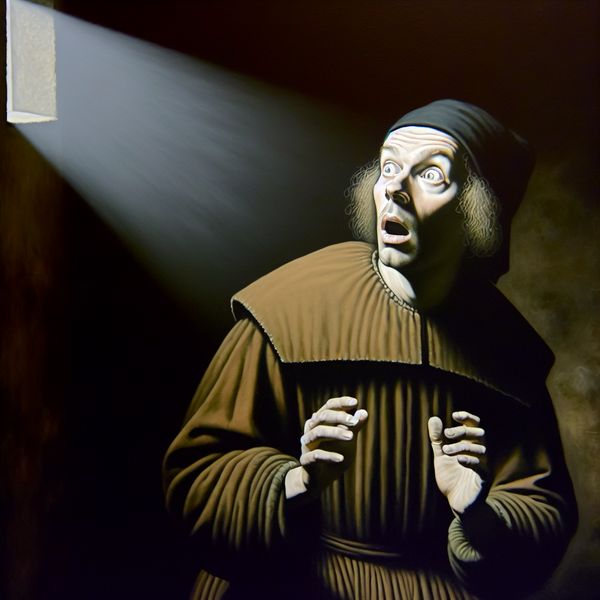 17e-eeuws persoon met een uitdrukking van plotseling bewustzijn, verlicht door dramatisch licht in Rembrandt-stijl