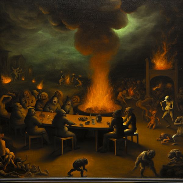 Surrealistisch tafereel van een plotseling uitbrekend conflict in een vergaderruimte, met figuren die transformeren in groteske wezens en demonische chaos