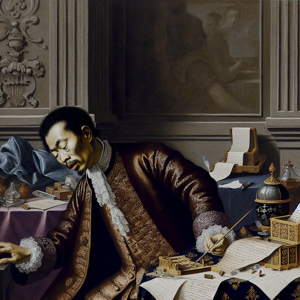 Plotseling falen door stress en overbelasting in historische setting 17e-eeuwse man in elegante kleding die door uitputting ineenzakt achter zijn bureau, symboliserend voor plotseling falen door stress